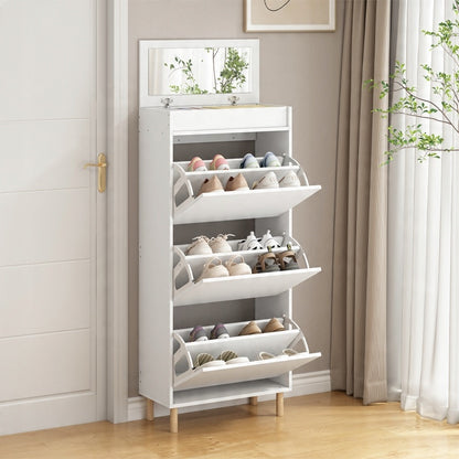 Dulap pentru încălțăminte alb cu oglindă șI spațiu de depozitare stil loft raft vertical pentru hol 55 cm