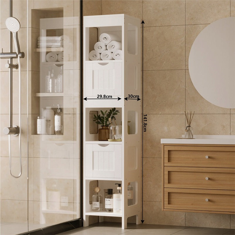 Dulap de baie alb cu sertare și raft înalt, stil modern loft, 142 cm