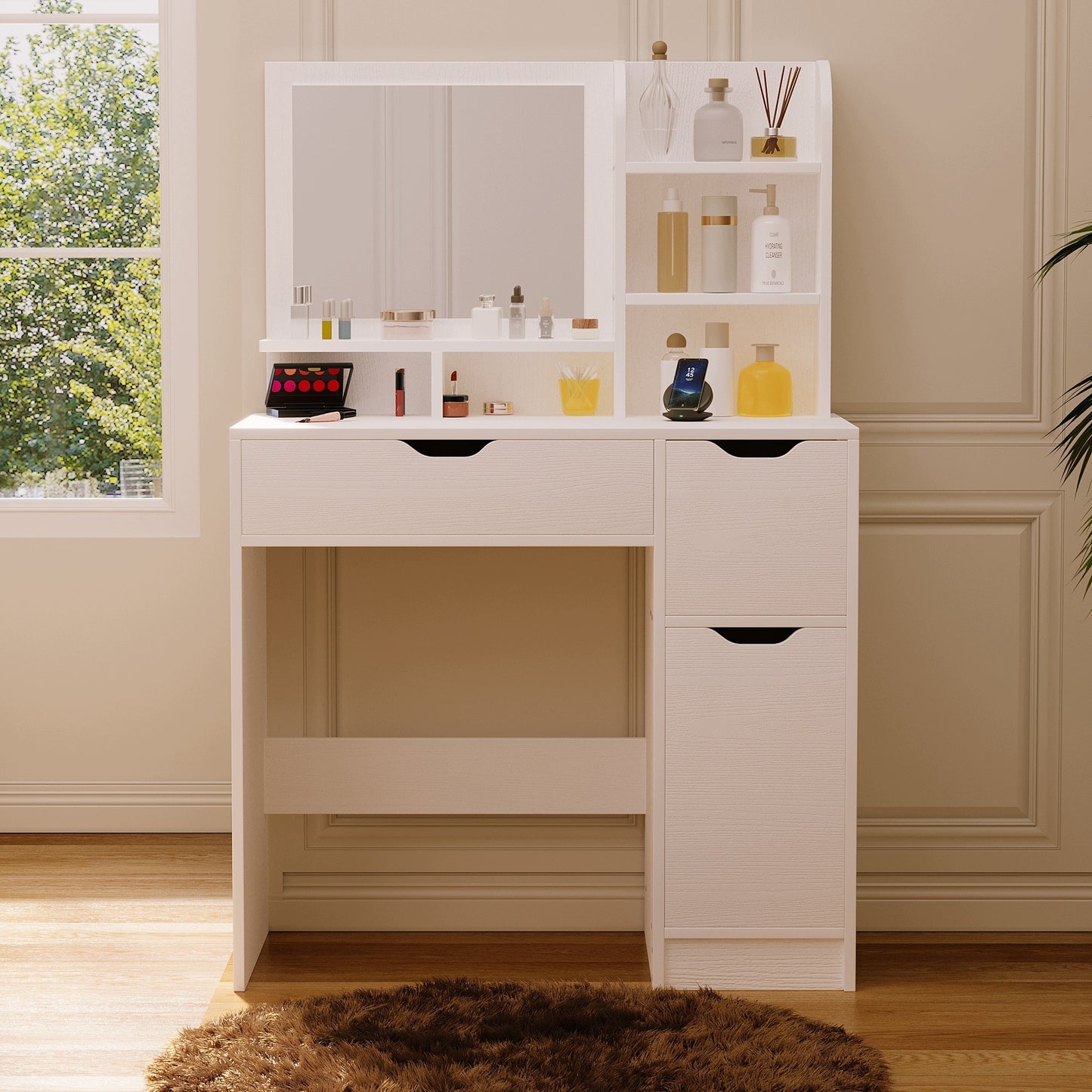 Măsuță de toaletă modernă, albă, cu oglindă și sertare, spațioasă, în stil loft