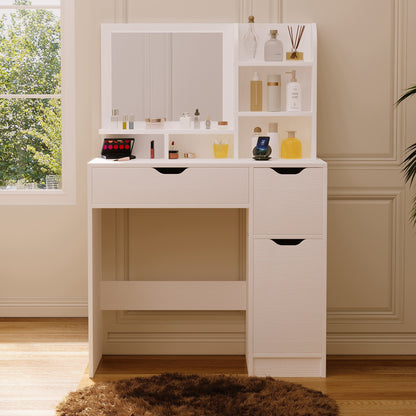 Măsuță de toaletă modernă, albă, cu oglindă și sertare, spațioasă, în stil loft