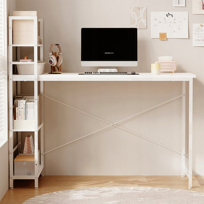Birou pentru computer, masă loft, alb, stil tineresc, cu rafturi, 120 cm
