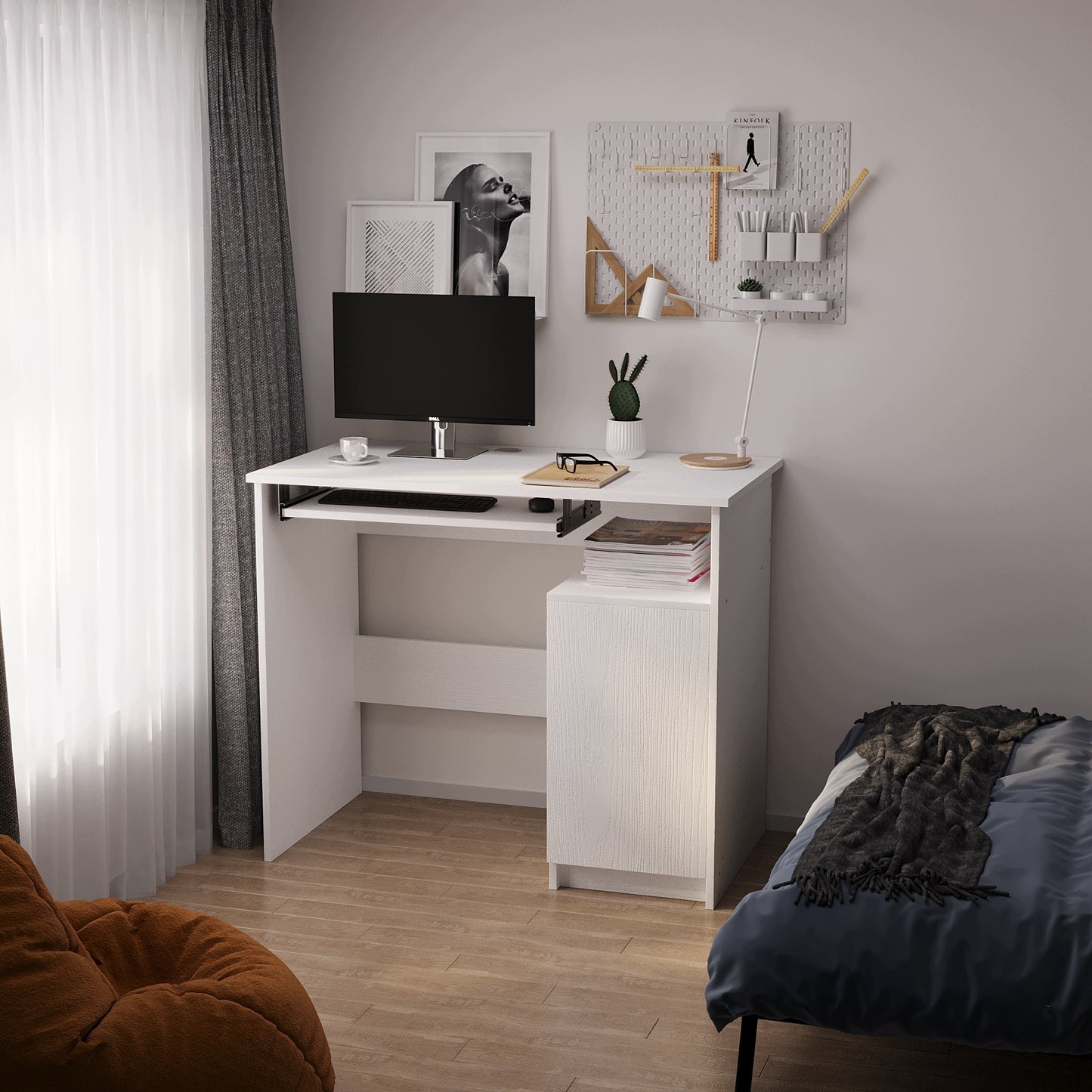 Birou modern pentru computer cu raft pentru tastatură, alb, cu dulap în stil loft