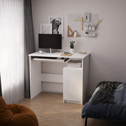 Birou modern pentru computer cu raft pentru tastatură, alb, cu dulap în stil loft