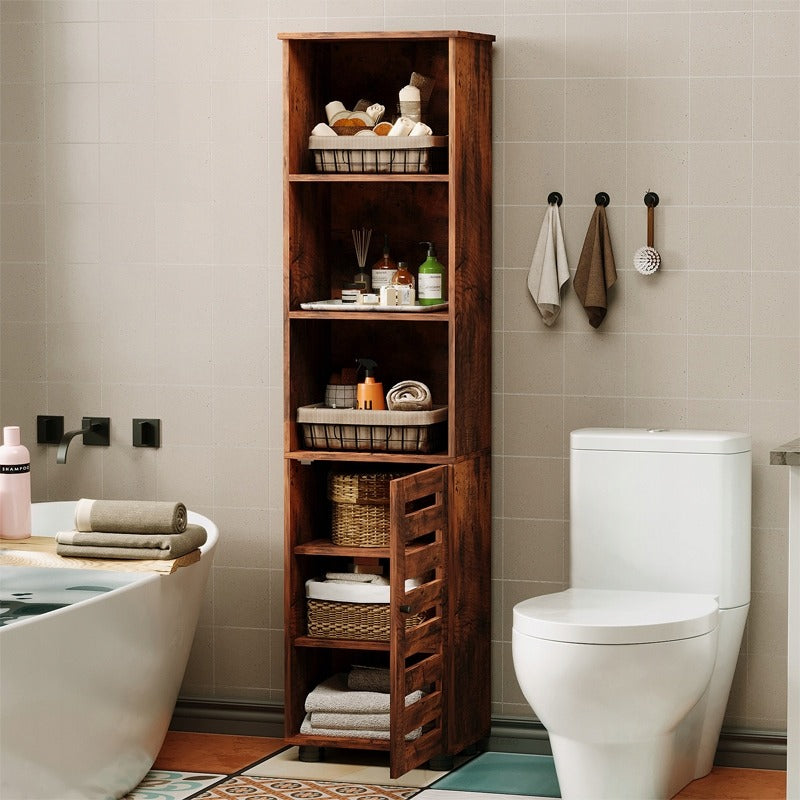 Dulap de baie îngust, maro închis, stil rustic, înălțime 88 cm
