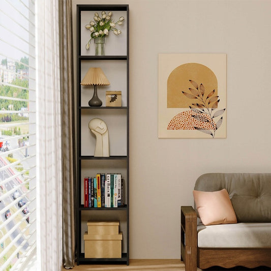 Bibliotecă verticală neagră cu rafturi înalte, dulap modern cu coloană, 190 cm