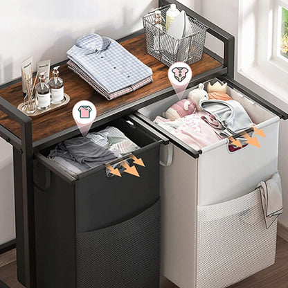 Coș de rufe mare cu două compartimente și raft, suport industrial pentru containere