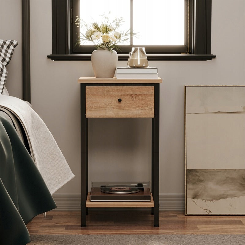 Noptieră cu sertare și raft, maro deschis, stil industrial loft, 51 cm