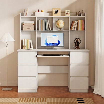 Birou modern cu extensie – alb, 6 sertare