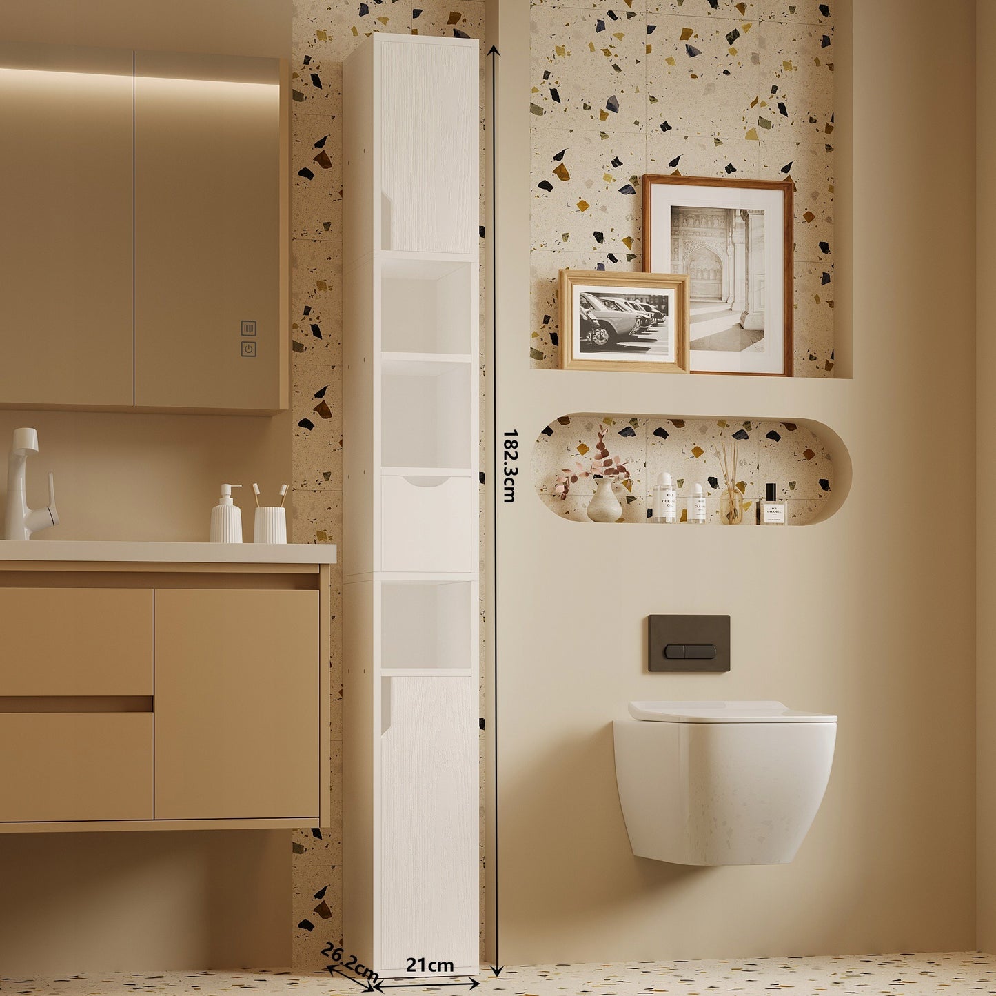Raft de baie în picioare, coloană îngustă, alb, 1 sertar, practic, stil loft