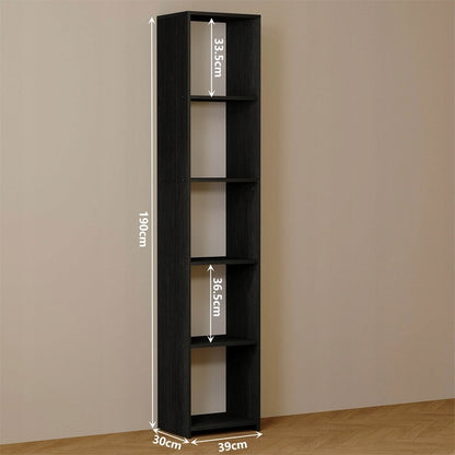 Bibliotecă verticală neagră cu rafturi înalte, dulap modern cu coloană, 190 cm