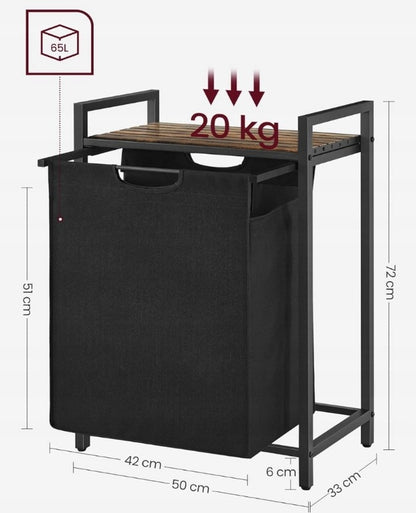 Coș de rufe independent cu raft, stil industrial loft, din lemn, retro, 72 cm