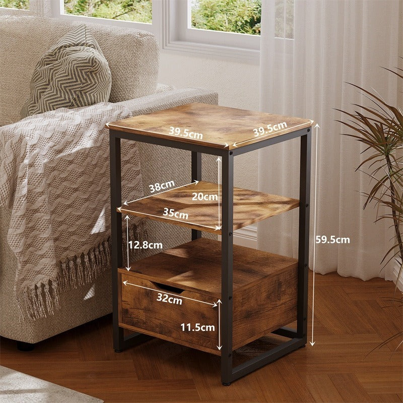 Noptieră, măsuță de dormitor, comodă, sertar, maro închis, stil loft, rafturi, 80 cm