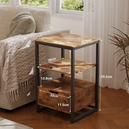 Noptieră, măsuță de dormitor, comodă, sertar, maro închis, stil loft, rafturi, 80 cm