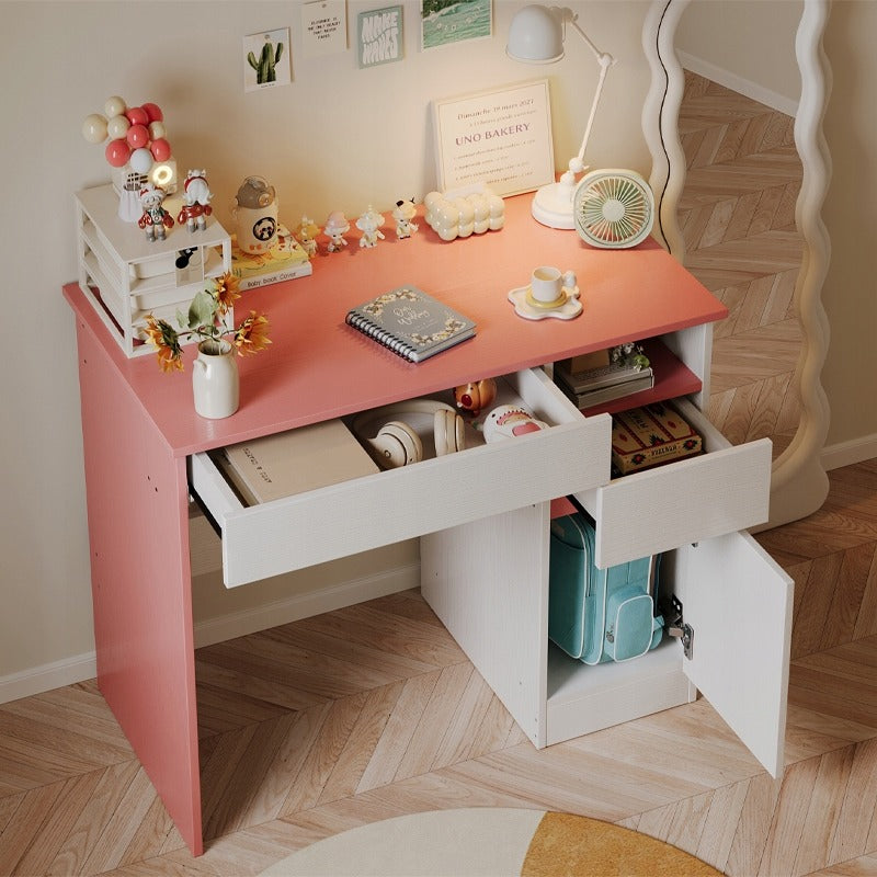 Birou pentru copii cu ursuleț roz pentru fete, stil loft modern, raft și sertar