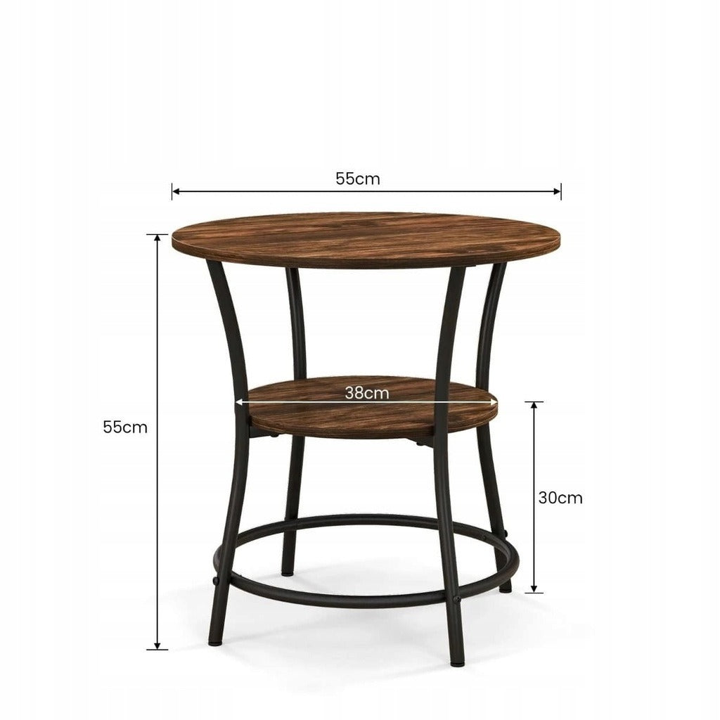 Masă de cafea rotundă industrială pentru camera de zi cu raft, maro loft 55 cm