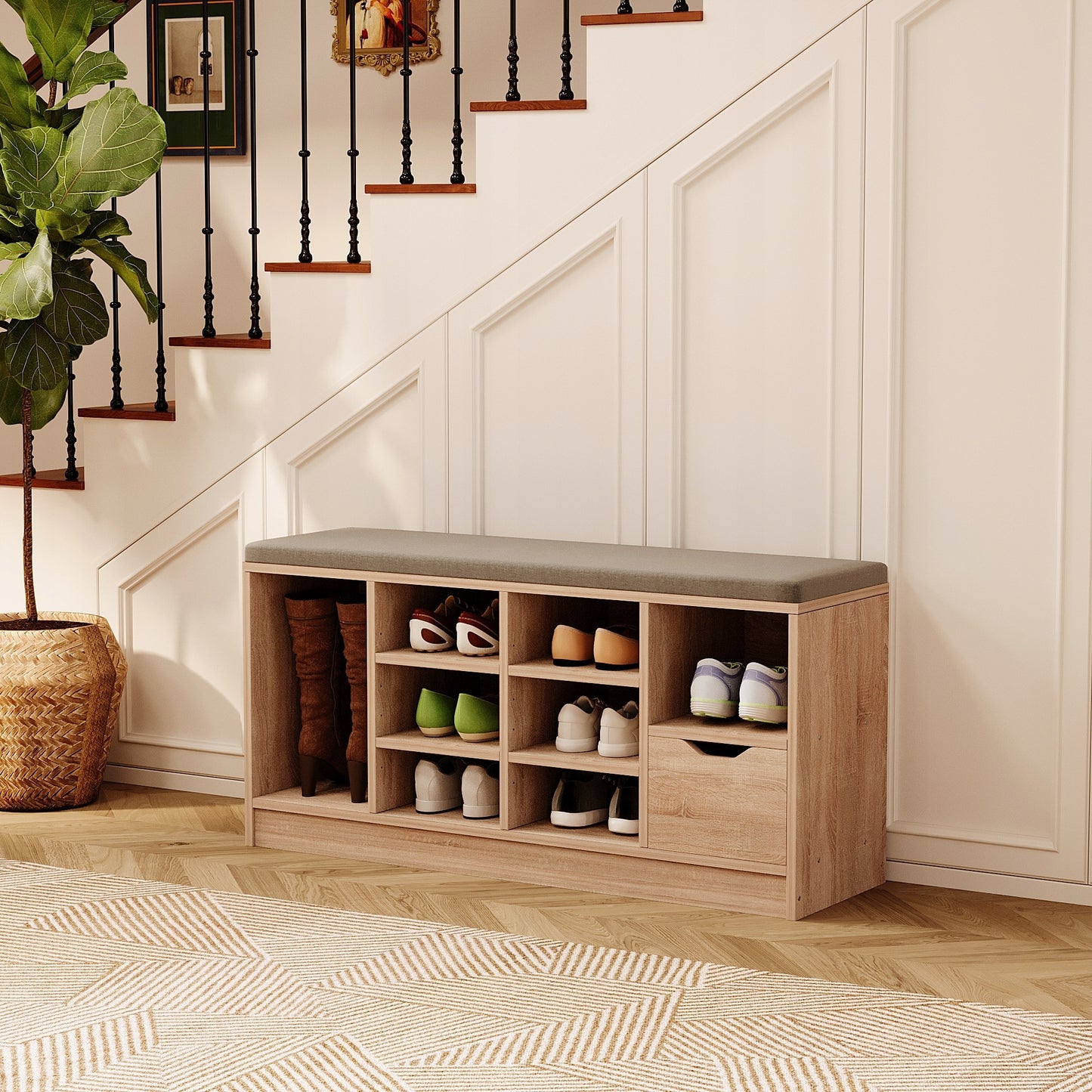 Dulap pentru pantofi cu scaun, stil loft, sonoma, hol, bancă cu sertar, 100 cm