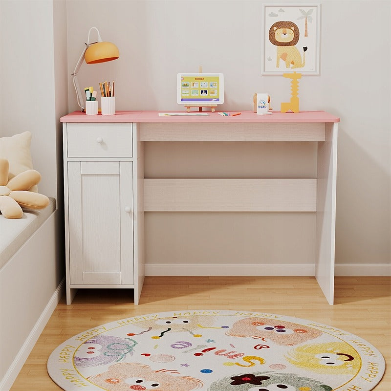 Birou alb cu sertar și dulap pentru fete, cu blat roz, stil loft, spațios