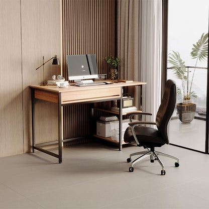 Birou pentru computer în stil industrial loft, cu un sertar și două rafturi, stejar scandinav deschis