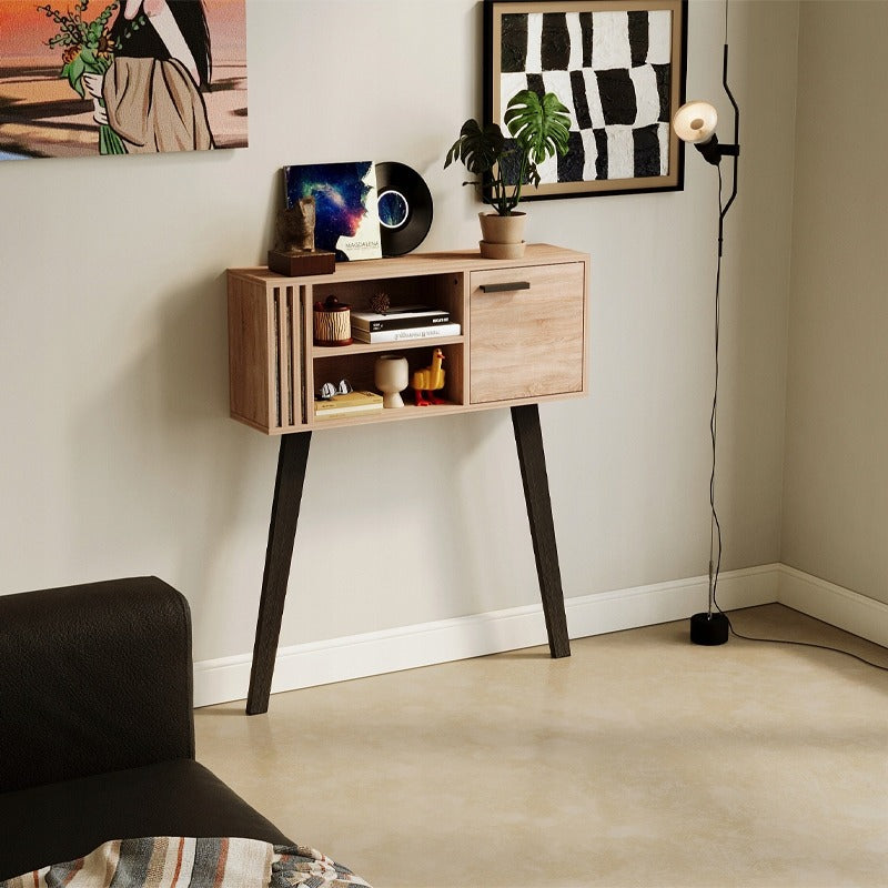 Masă consolă modernă tip loft din stejar deschis cu șipci pentru hol, cu încuietoare, 80 cm
