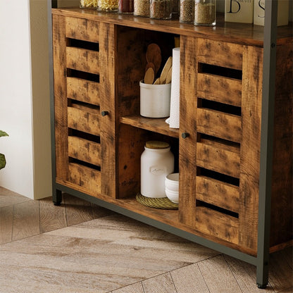 Comodă laterală cu rafturi deschise, maro, cu sertare, în stil retro loft, pentru bucătărie