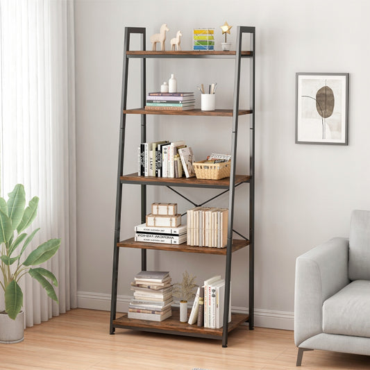 Bibliotecă rustică cu 5 rafturi - 56x34x172 cm, cadru metalic negru și MDF cu efect de lemn închis