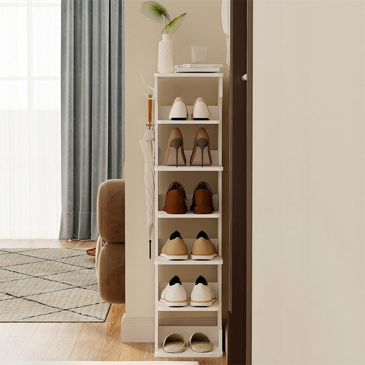 Dulap funcțional îngust pentru pantofi, alb, cu 6 rafturi, 2 cârlige, 112 cm
