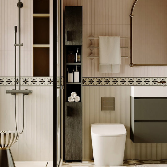 Dulap de baie în picioare, dulap negru în stil loft, raft, coloană înaltă și îngustă