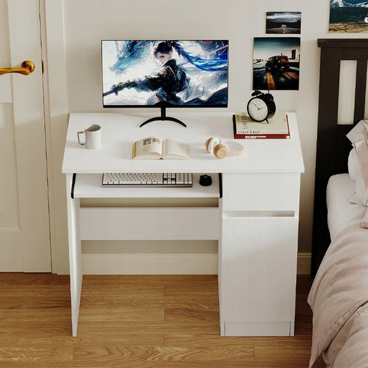Birou alb pentru computer – birou modern pentru tineri, cu sertar și raft
