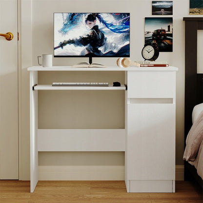 Birou alb pentru computer – birou modern pentru tineri, cu sertar și raft