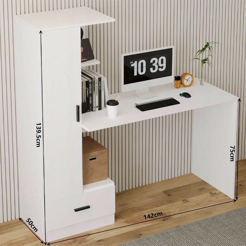 Birou Calculator cu Raft 142 cm – Alb Loft pentru Birou și Cameră