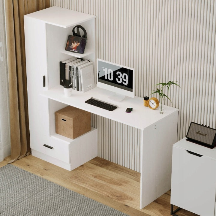 Birou Calculator cu Raft 142 cm – Alb Loft pentru Birou și Cameră