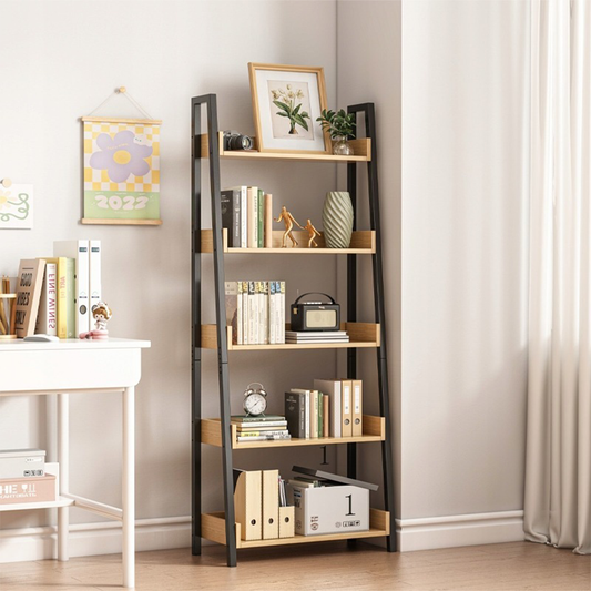 Bibliotecă cu trepte 158x63x30 cm - stil Loft, stejar deschis și negru, 5 rafturi