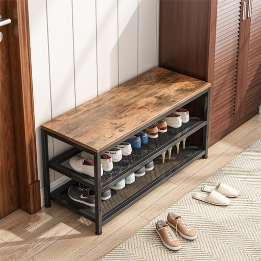 Dulap pentru pantofi cu scaun 73x45x30 cm - Stil industrial Loft, Metal + MDF, Maro rustic