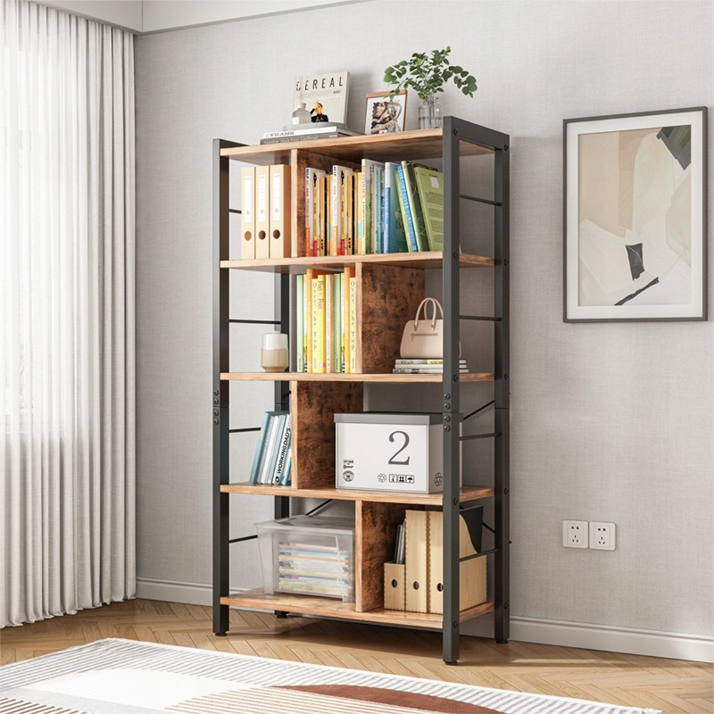Bibliotecă industrială cu scară - 154,5 cm, maro rustic cu cadru din metal negru, stil loft