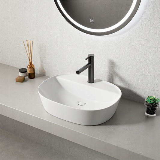 Chiuvetă ovală din ceramică albă lucioasă pentru blat - 50x38 cm, cu deschidere pentru robinet