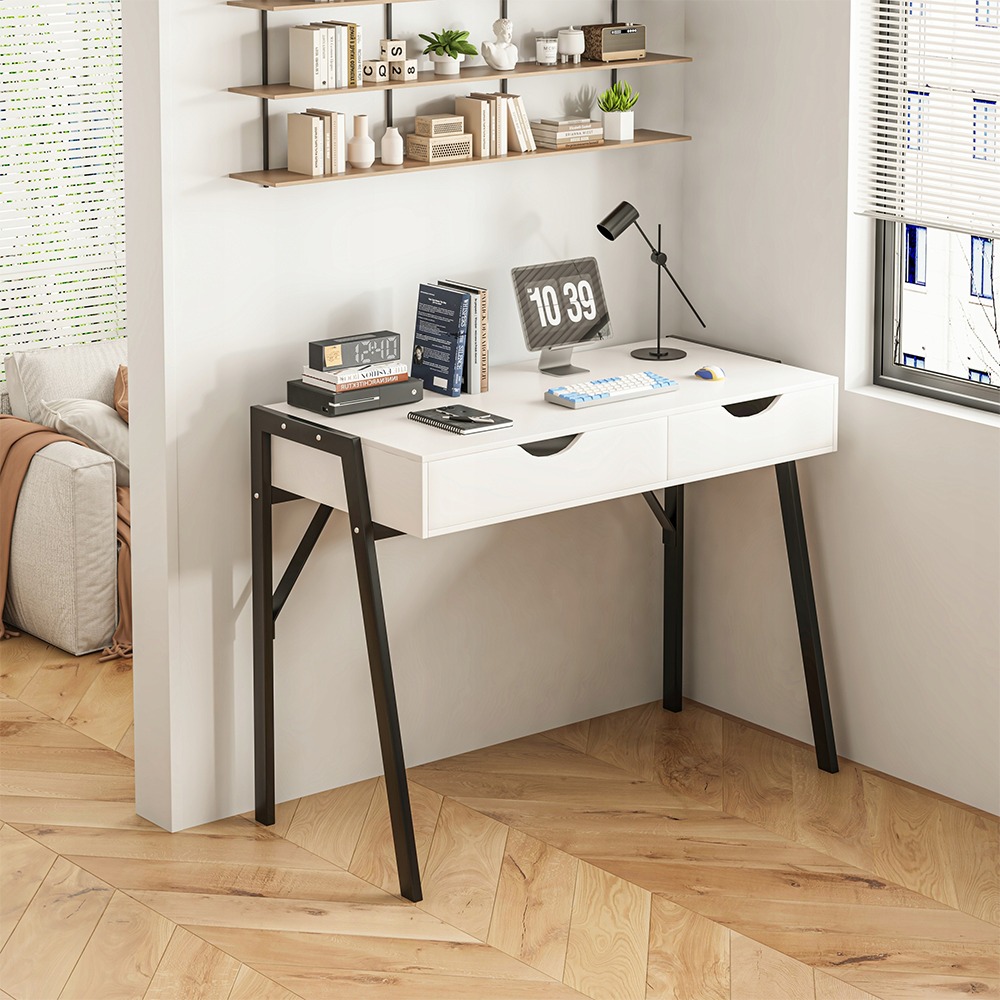 Birou modern alb mat cu sertare și picioare din metal negru - 80x40x90 cm