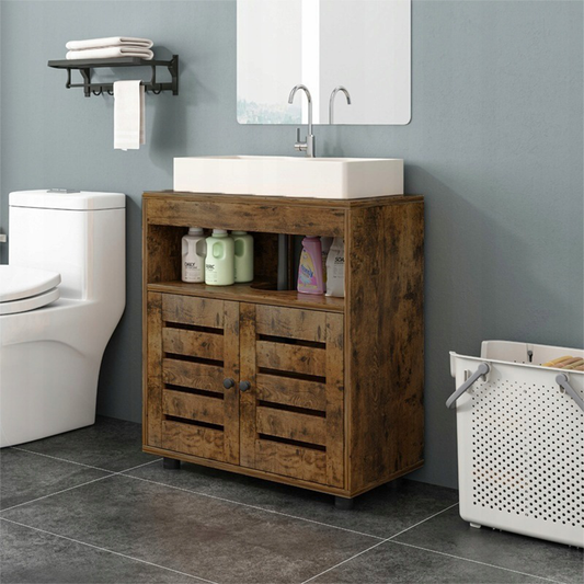 Dulap vanitatea baie - 60 cm, maro rustic, cu rafturi și uși