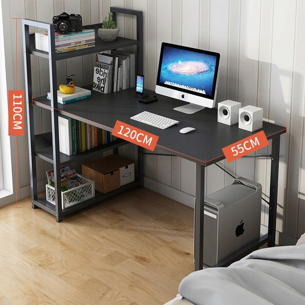 Birou modern pentru tineri cu raft încorporat - 120x55x110 cm, 3 rafturi, MDF, negru