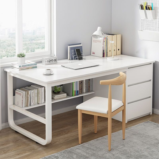 Birou minimalist alb cu rafturi - 100x50x73 cm, ideal pentru spații mici, lucru și studiu