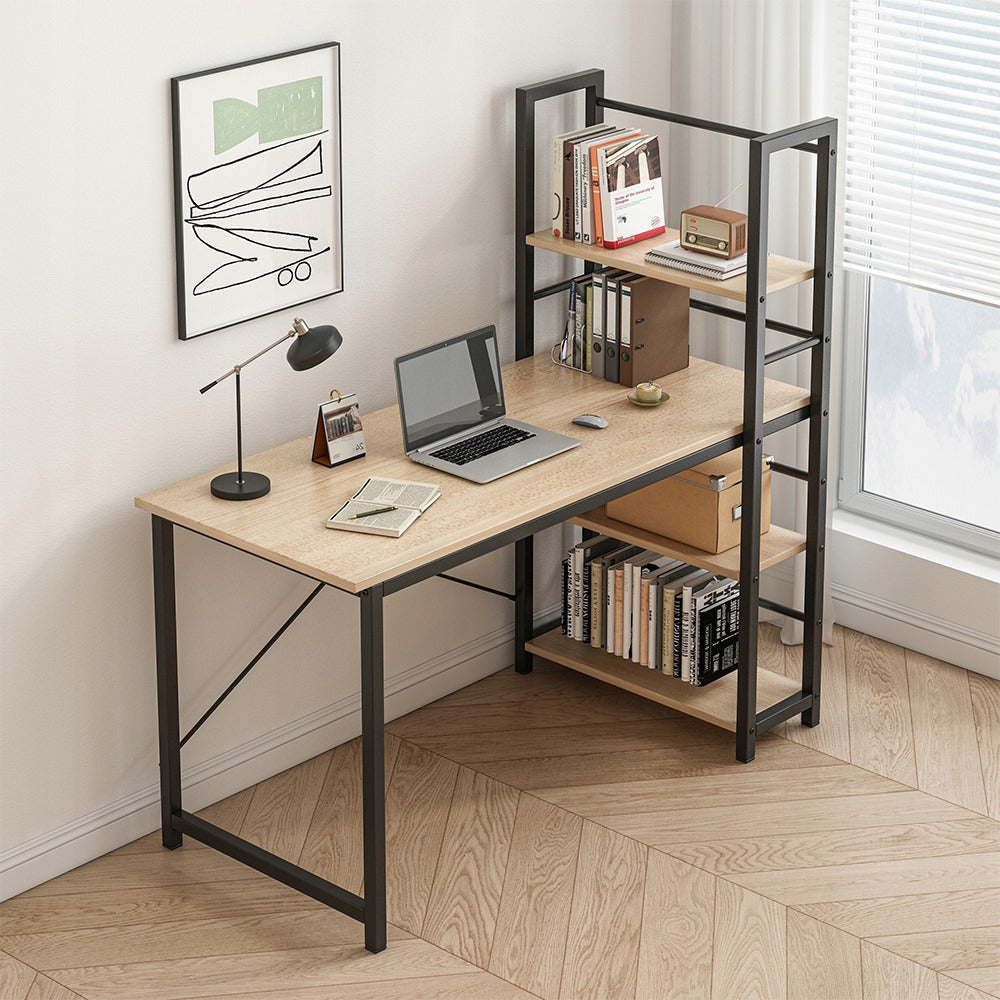 Birou 2-in-1 cu bibliotecă - 119,5x48x120 cm - Design compact, maro deschis, stil industrial
