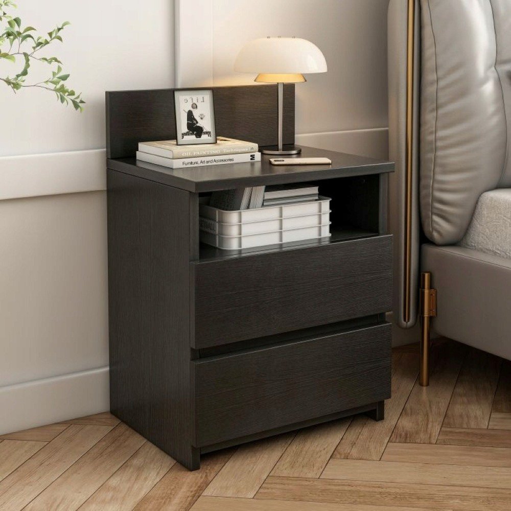 Măsuță de noptieră neagră cu 2 sertare 40 cm - stil loft modern, MDF