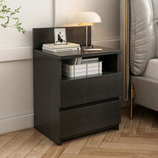 Măsuță de noptieră neagră cu 2 sertare 40 cm - stil loft modern, MDF