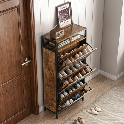 Dulap de pantofi maro rustic în stil loft 60x130x30 cm - 3 rafturi, MDF + metal, design industrial