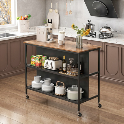 Masă de bar cu rafturi și roți, 120x60x97 cm - Design loft modern, maro închis / negru