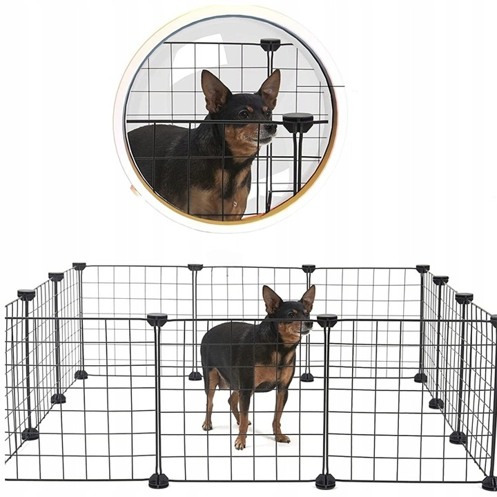 Țarc metalic negru pentru câini, pisici, cățeluși și iepuri, 108 cm