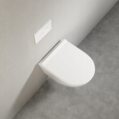 Vas WC alb fără ramă cu capac cu închidere lentă duroplast – toaletă suspendată cu spălare vortex