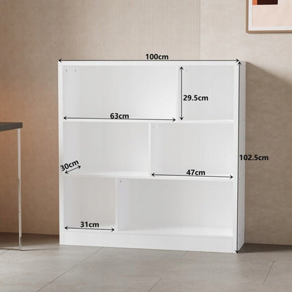 Bibliotecă Albă Modernă Asimetrică 100 x 102,5 x 30 cm cu 6 Compartimente