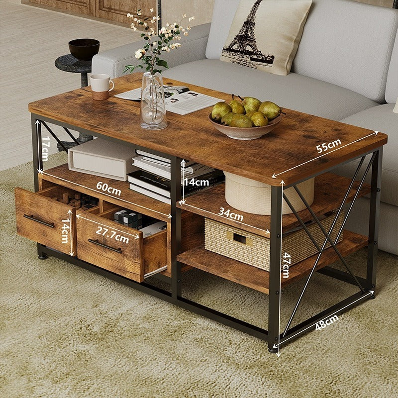 Măsuță de Cafea Loft cu 2 Sertare și Rafturi Stejar Rustic Cadru Metalic Negru 100x55x47 cm