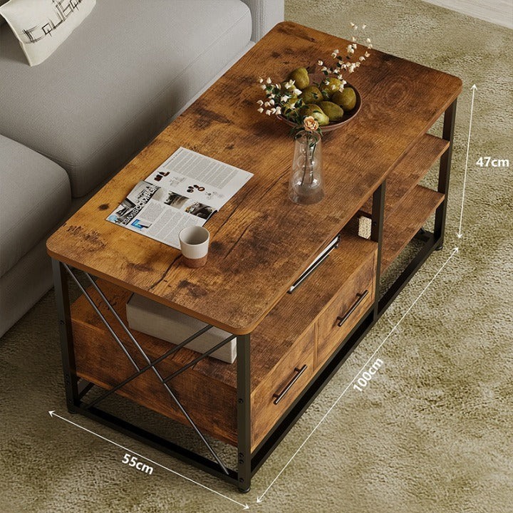 Măsuță de Cafea Loft cu 2 Sertare și Rafturi Stejar Rustic Cadru Metalic Negru 100x55x47 cm
