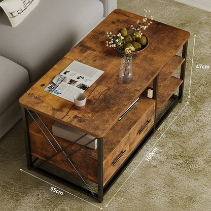 Măsuță de Cafea Loft cu 2 Sertare și Rafturi Stejar Rustic Cadru Metalic Negru 100x55x47 cm